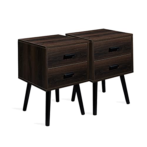 Tianlang Nightstand with 2 Storage Drawer, Set of 2 Industrial Bedside Table, End Table for Bedroom Living Room Wooden Legs Easy Assemble, Dark Brown LJET004A2