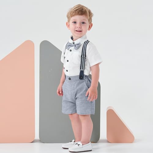 Image of Volunboy Baby Boy Formal Short Set Toddler Summer Gentleman Outfit Kid Short Sleeve Bowtie Shirt Suspender Shorts Suit