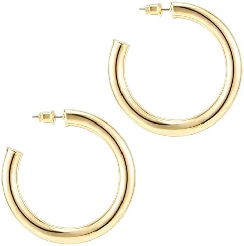 PAVOI 14K Gold Plated Lightweight Chunky Open Hoops for Women | T...