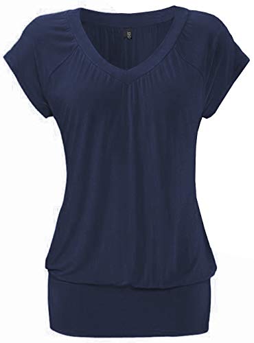 DOTIN Damen T-Shirt V-Ausschnitt Kurzarmshirt Causal Oberteil Falten Tops Stretch Tunika Basic Tee, Navy Blau, L