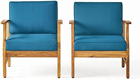 Christopher Knight Home Perla Outdoor Acacia Wood Club Chairs with Water Resistant Cushions, 2-Pcs Set, Teak Finish / Blue