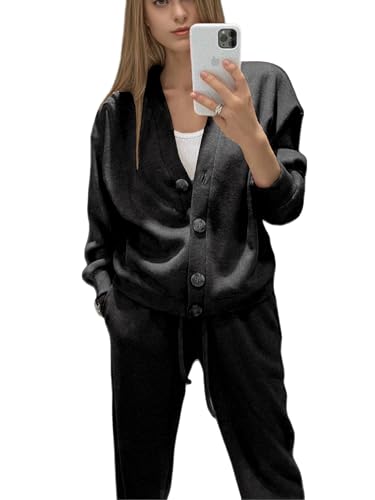 Veriliss 2 Pezzi Cardigan da Donna con Bottoni E Scollo A V Manica Lunga con Pantaloni Lunghi