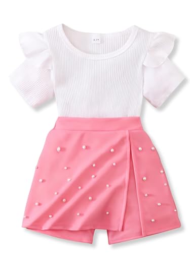 Vitalique Size 7 8 Girls 2 Piece Outfit Ruffle Short Sleeve Tops and Skirt Shorts Set Kids Summer Vacation Clothing Pink 7-8 Years