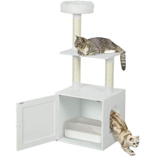 PawHut Cat Tree with Litter Box Enclosure, 2-in-1 Cat Tower with Bed, Climbing Platforms, Scratching Posts, Modern Pet Furniture for Indoor Kittens, White
