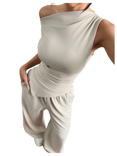 SOLY HUX Women's 2 Piece Going Out Outfits Sleeveless Asymmetric Tops and Wide Leg Pants Summer Sets3