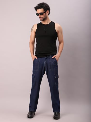 Image of AVANOVA Bell-Bottom Men Cargo Jeans II Men Cargo Pants II Denim Cargo for Men II Cotton Pant II Wide Legs II Flap Pockets II Cargo for Men (Jeans-119)