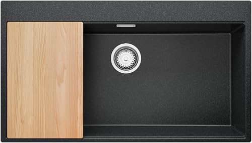 Évier d'angle 88x50cm lavabo cuisine 1 bac graphite avec kit de vidage complet