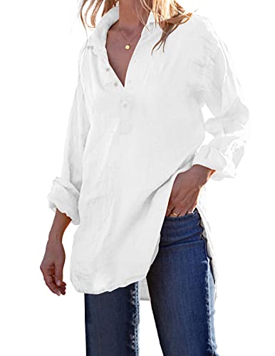 Pretifeel Womens Cotton Linen Tunic Shirts Button Down Long Sleeve Blouse Tops Beach Cover Up White