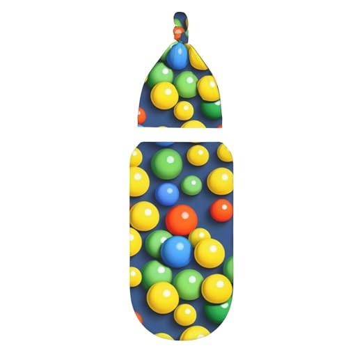 Colorful Balls Print Newborn Swaddle Blanket with Beanie Set, Soft Baby Sleep Sack Receiving Wraps, for Boy Girl