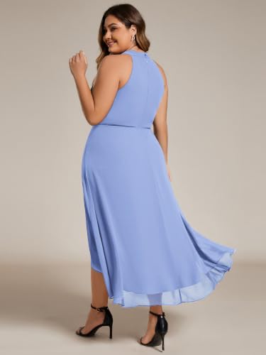 Image of Ever-Pretty Plus Women's Sleeveless Halter A Line Pleated High Low Plus Size Wedding Guest Cocktail Dresses 31926-DA