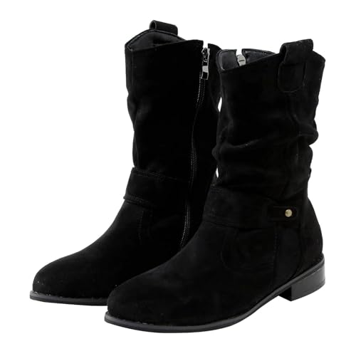 Bottines pour femme à talon bas en daim tendance à bout pointu - Coupe large - Bottes de cowboy pour femme - Style décontracté et confortable - Avec boucle...
