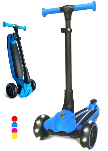 Kicknroll Scooter for Kids Ages 4-7 - Kids Scooters with Light Up Wheels & LED Deck, 3 Wheel Scooter for 3+ Year Old Girl Boy, 4 Level Height Adjustable Foldable Children Scooter Toddler Scooter
