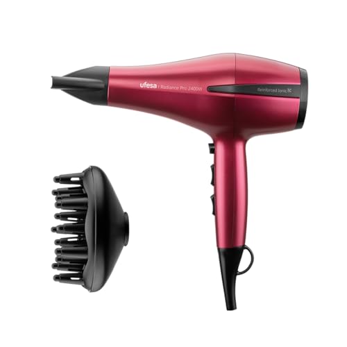 Ufesa Asciugacapelli Professionale Radiance Pro 2400W, motore AC, tecnologia ionica, elimina il crespo, include diffusore e concentratore, 2 velocità, 3 temperature, colpo d’aria fredda, rosso