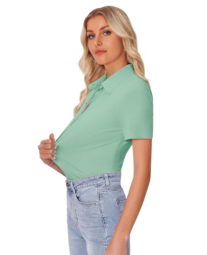 Image of siliteelon Womens Button Down Shirt Slim Fit Stretch Short Sleeve Dress Shirt Wrinkle Free Collared Business Work Blouse Top