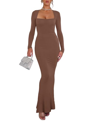 REORIA Casual Sexy Dresses for Women Date Night Going Out Club Outfits Square Neck Long Sleeve Ribbed Bodycon Maxi Dress Coffee Medium - Image 4