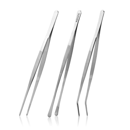 3PCS Kitchen Tweezers Tongs Set, 12 Inch Stainless Steel Cooking Tweezers with Precision Serrated Tips, Chef Plating Tongs for BBQ, Pasta, Meat, Garnishing, Serving and Culinary Cooking