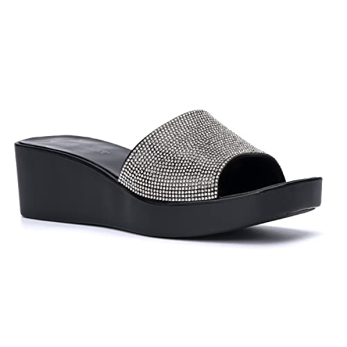 Olivia Miller Womenâ€™s Fashion Ladies Shoes, Black PVC Jelly w Embellished Glitter Rhinestones Wedges, Trendy Party Slide On Single Band Open Square Toe 2 Inch Mid High Chunky Platform Fashion Heeled Sandals