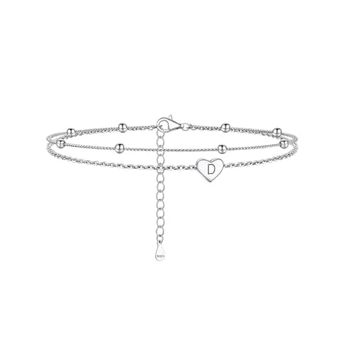 PROSILVER Women Initial Anklet Sterling Silver Heart Ankle Bracelet A-Z Letter, Adjustable Double-Layer Foot Chain for Beach Summer with Gift Box
