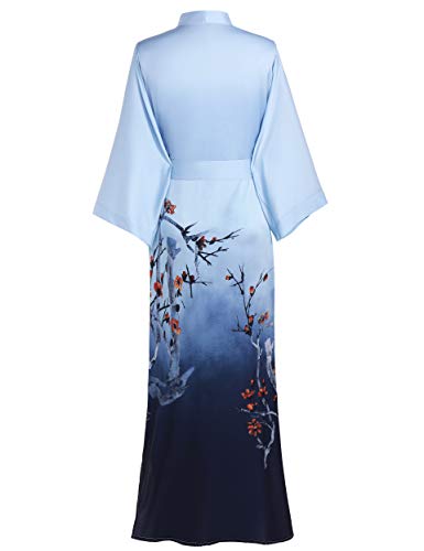 Prodesign Long Kimono Robe Satin Sleepwear Gradient Watercolor Silky Kimono Nightgown Bathrobe Kimono Blouse Cardigan (Plum - Gradient Blue) #TOP1