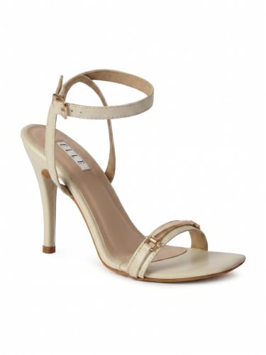 Image of ELLE Women's Square Toe Stiletto Heel Sandals with Gold-Tone Bar Detail and Crisscross Ankle Strap