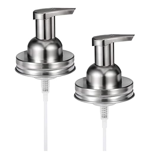 Mason Jar Foaming Soap Pump Dispenser Lids(2)-Rustproof Stainless Steel Lid/Plastic Pump for Pint Regular Mouth Mason Jar,with Waterproof Stickers! -Kitchen Bathroom Farmhouse Decor/Brushed Nickel