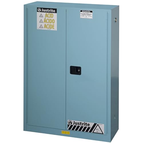 Image of Justrite Acid Corrosive Storage Cabinet - 45 Gallon 2 Door Self Close Chemical Storage Cabinet with Removable Polyethelene Trays - 18 inch x 65 inch x 43 inch - Made in The USA - Light Blue - 894522