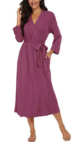 Image of VINTATRE Robes for Women Long Knit Bathrobe XS-4XL | 3 /4 Sleeve Bathrobes with Pockets, Stretchy and Lightweight Fabric, Inner Tie and Fixed Outer Belt, Mid Calf Length