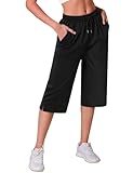 Crewhpo Pantalon 3/4 Femme Été Pantacourt Léger avec Poches Pantacourt Sport Taille Haute Bas de Jogging Ample Pantalon Yoga Couleur Unie Pantalons Décontractés Noir XL