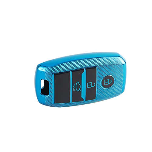 Image of JVCV Soft TPU Carbon Fiber Style Car Key Cover Compatible with Kia Seltos Sonet Carens 3 Button Push Start Car Key (Blue)
