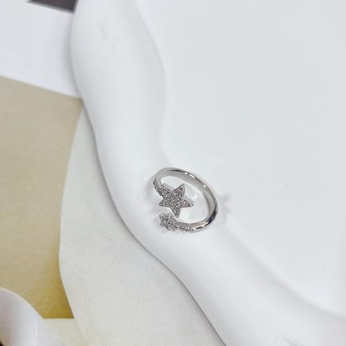 Dainty Star Wrap Open Engagement Ring For Women Sparkly Cubic Zirconia Fashion Adjustable Finger Knuckle Statement Rings CZ Expandable Silver Lucky Stars Stacking Middle Band Wedding Promise Party Jewelry Gifts3