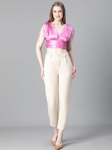 Image of oxolloxo Women Solid V-Neck Elasticated Tie-Up Satin Crop Top