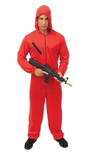 Déguisement braqueur adulte avec combinaison rouge à capuche pour Halloween et Carnaval