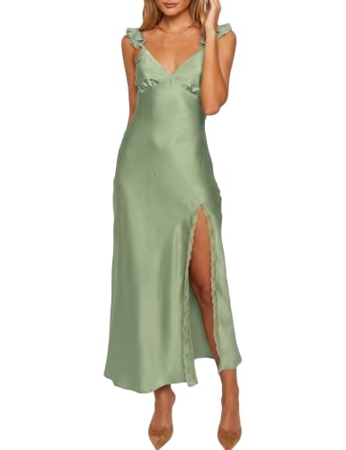 Image of KOUNAI Women's Satin Summer Lace Slit Formal Midi Dress for Wedding Guest | Silk,Elegant,Ruffle Sleeve,Cocktail,Bridesmaid, Beach, Vacation,Party,Adjustable Straps,Graduation,Baby Showe,Engagement