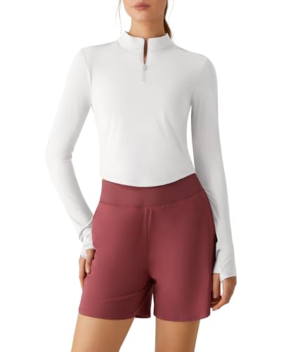 G4Free Womens UPF 50+ Sun Shirts for Running Thumbholes Long Sleeve Crop Workout Tops Casual Golf Athletic Tees(Pure White M)