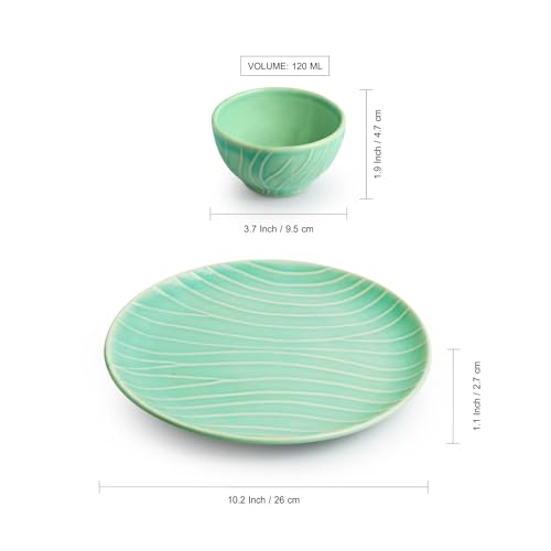 Image of ExclusiveLane 'Caribbean Green' Ceramic Dinner Set Ceramic Plates for Dinner Plates with Bowls Katoris (8 Pieces, Serving for 4, Dishwasher & Microwave Safe, Sea-Green) |Dinnerware Ceramic Serveware