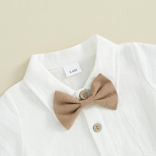 KMBANGI Toddler Newborn Baby Boys Gentleman Outfits Short Sleeve Turn-Down Collar Romper Bib Pants Bow Tie 3Pcs Short Set4