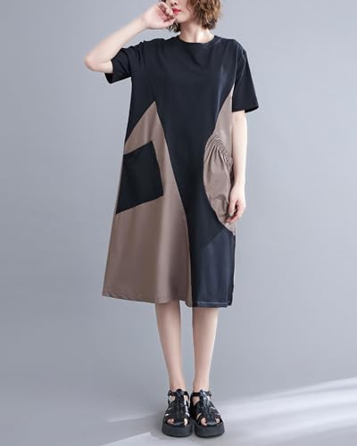 ellazhu Women's Short Sleeves Color Block Patchwork Casual T-Shirt Dress Whith Pockets GA2732 A2