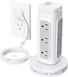 TROND Tower Power Bar Surge Protector, PD 20W USB-C 12 Outlet 5ft White | Retractable Flat Plug Extension Cord, Space-Saving Vertical Power Strip 1700J, Home Office Desk Dorm Essentials
