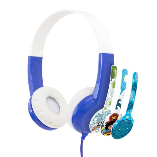 BuddyPhones Discover Fun | Durable Wired Kids Headphones - SafeAudio Volume-Limiting, DIY + Decorative Decals to Personalize (Blue)