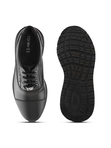 Image of TSF Police Black Leather Shoes for Men | Official Uniform Duty Shoes | Slip Resistant Sole | Lace-Up Comfort Fit