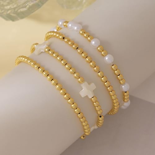 HLJEO Dainty Gold Stretch Bracelets for Women - Stackable Pearl & Bead Charm Set - Non-Tarnish Fashion Jewelry - Image 6