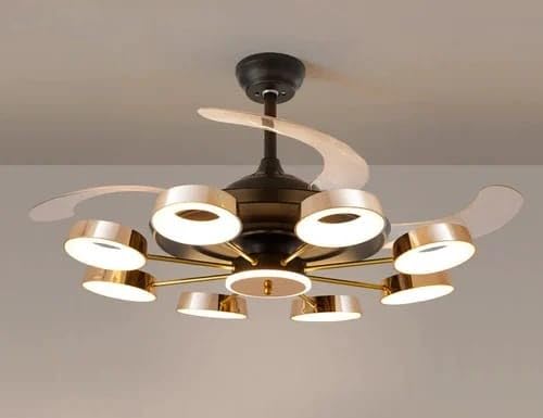 Image of Glowave 8 Light Glass Black Chandelier Fan 42 Inch Retractable Blades Remote Control - Tricolour | Warm White, White, Natural White | (FI 1183 Bk)