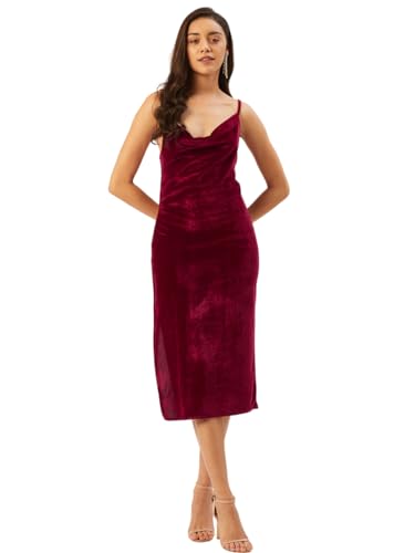 Image of Anvi Be Yourself Women's Solid Shoulder Strap Sleeveless Velvet Bodycon Dress || Trendy Womens Cowl Neck Strappy Sheath Casual Dress with Side Slit || Western Plain One Piece Dress for Women Maroon