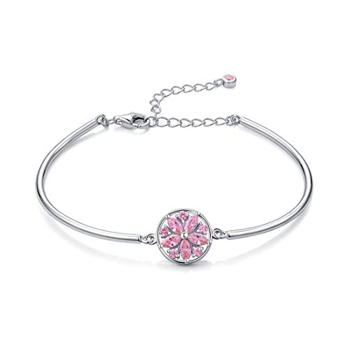 Carleen Solid 925 Sterling Silver Created Pink Sapphire Cz Cubic Zirconia Cherry Blossom Bangle Bracelet Fine Jewelry Gift For Women Girls, 7" + 1.2" Extender #TOP13