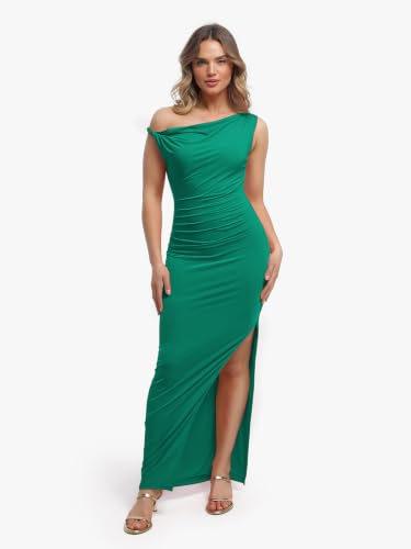 Image of Popilush Maxi Formal Dresses for Women, Shapewear Ruched Dress | Bodycon, Tummy Control, Gowns with Slit, Prom and Wedding Guest