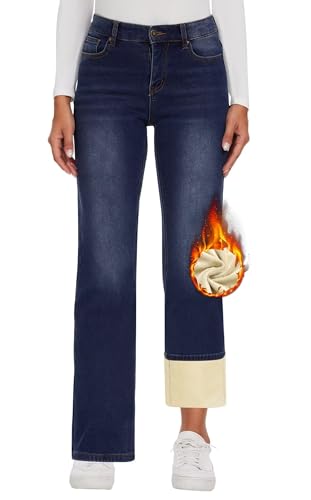 KDF Fleece Lined Jeans Women High Waisted Wide Leg Baggy Jeans for Women Winter Lined Jean Pants Navy Blue Size 10