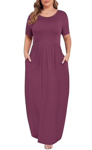 Image of KARALIN Women Plus Size Maxi Dress Short Sleeve Round Neck Loose Fit A-Line | Plus Size Long Dress,Summer Casual Maxi Dresses,Short Sleeve,Side Pockets,Round Neck,Elastic Waist,14 Plus - 26 Plus