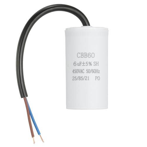 sourcing map CBB60 Run Capacitor 6uf 450V AC 2 Wires 50/60Hz Cylinder 65x34mm White for Air Compressor Water Pump Motor
