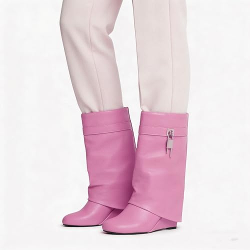 Image of keleimusi Fold Over Wedge Boots Heeled PadLock Pant Knee High Shoes Tall /Short Booties in Black