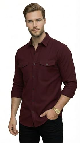 Image of DEELMO Men's Classic Cotton Blend Slim Fit Shirt || Full Sleeve Button-Down Casual Shirt with Dual Flap Pockets || Soft Breathable Fabric || Ideal for Office Party and Everyday Wear